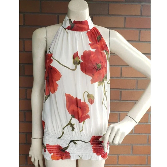 Vintage large red poppy 100% viscose semi - sheer high neck top - keyhole back - Picture 3 of 10